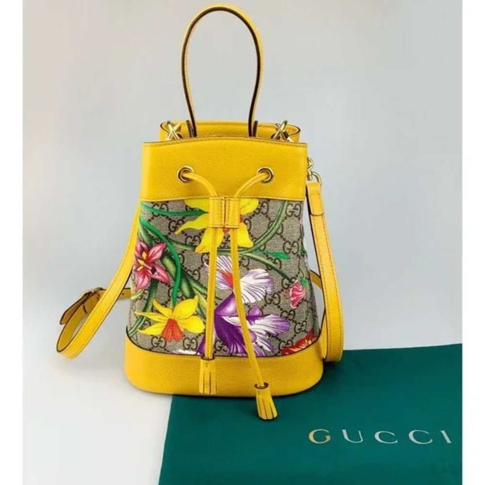 NWT Authentic Gucci Yellow Ophidia Flora pattern bucket bag